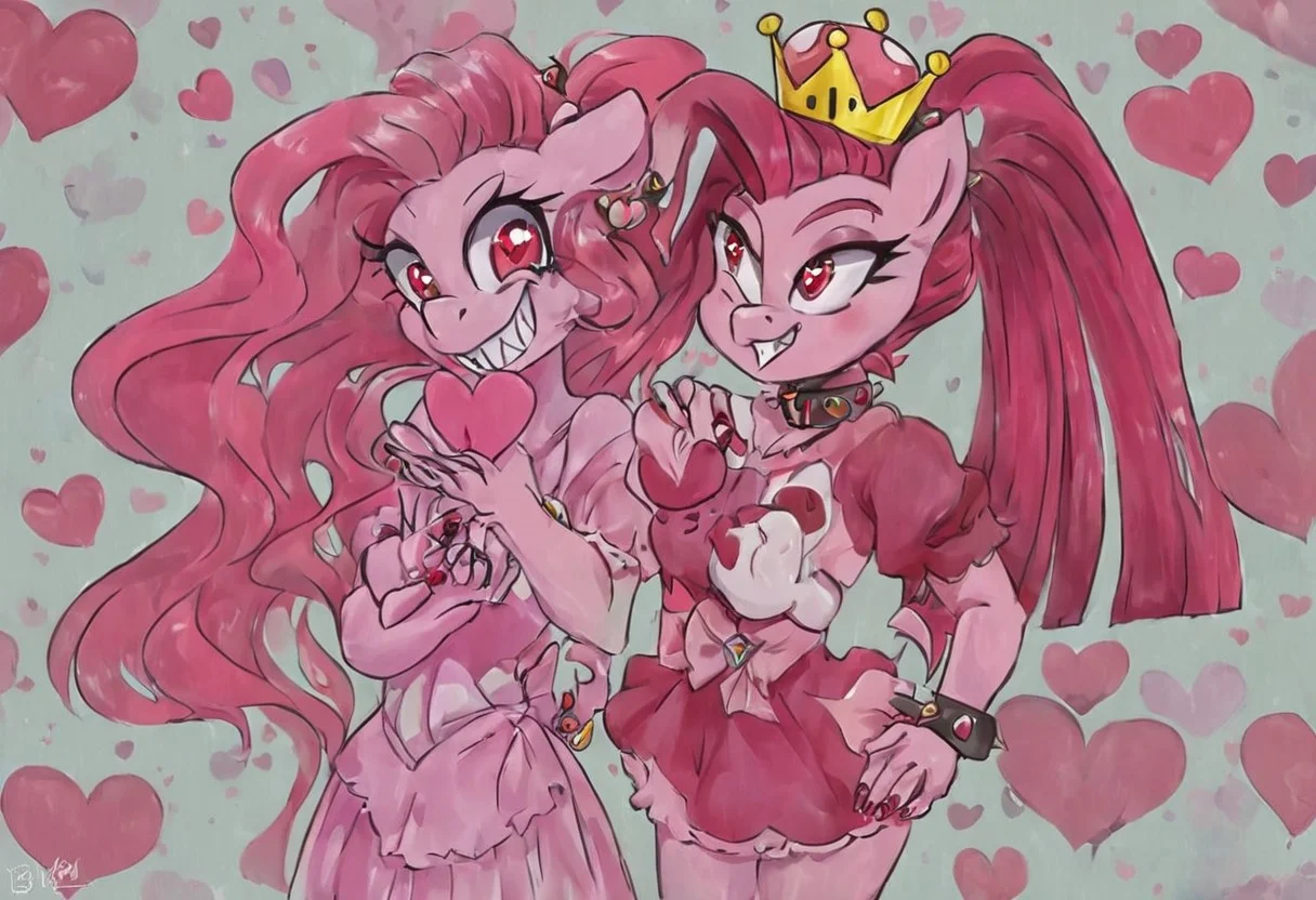 heart floating, heart-shaped pupils, aroused, heart eyes, cupid arrow, Valentine's day themed, super crown, collar, crown, long hair, smile, jewelry, teeth, nail polish, ponytail, grin, Pinkamena Diane Pie, anthro, red eyes, My Little Pony, 1girl, bracelet, smile, evil grin, eyelashes, ((pink dress)),