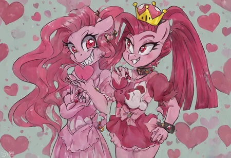 heart floating, heart-shaped pupils, aroused, heart eyes, cupid arrow, Valentine's day themed, super crown, collar, crown, long hair, smile, jewelry, teeth, nail polish, ponytail, grin, Pinkamena Diane Pie, anthro, red eyes, My Little Pony, 1girl, bracelet, smile, evil grin, eyelashes, ((pink dress)),