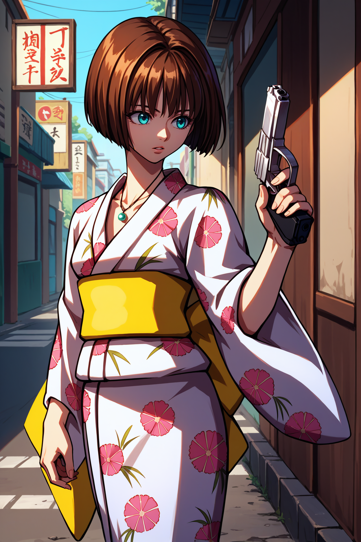 score_9, score_8_up, score_7_up, score_6_up, source_anime, 1girl, solo, <lora:minatsukisaya-pdxl-nvwls-v1-000004:1> s4ya, brown hair, bob cut, blue eyes, necklace, yukata, yellow sash, floral print, holding pistol, alleyway, parted lips