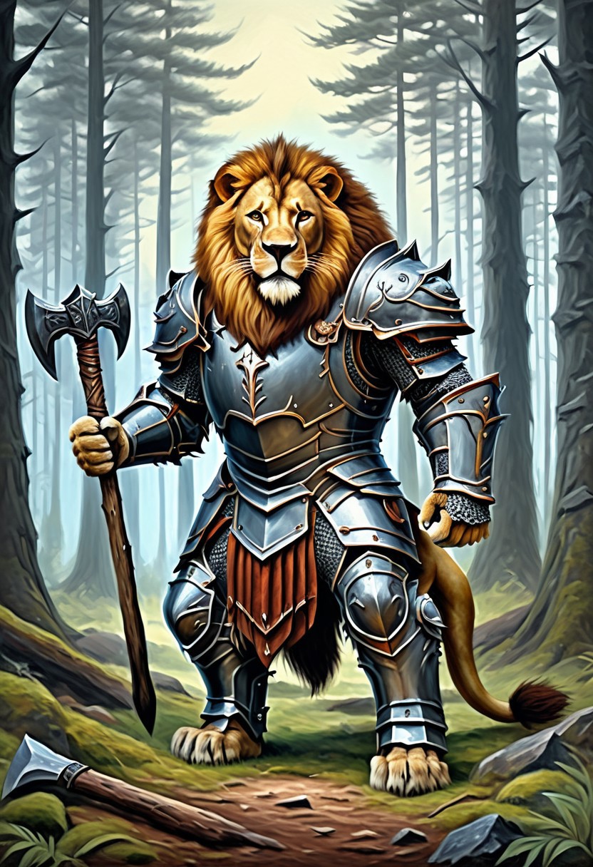 A lion in iron armor and axe, fantasy, forest background, oil painting, illustration, high quality, detailed, realistic