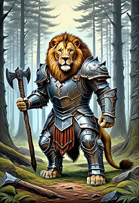 A lion in iron armor and axe, fantasy, forest background, oil painting, illustration, high quality, detailed, realistic