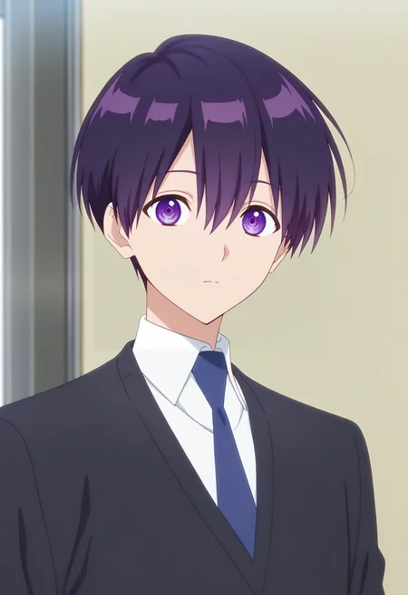 masterpiece, best quality, , anime screencap, anime coloring, official style, looking at viewer, 1boy, solo, male focus, <lora:yuuki_izumi_ilxl:0.9>, yuuki_izumi, purple hair, purple eyes, short hair, bangs, hair between eyes, white shirt, collared shirt, blue necktie, school uniform, black jacket, ,