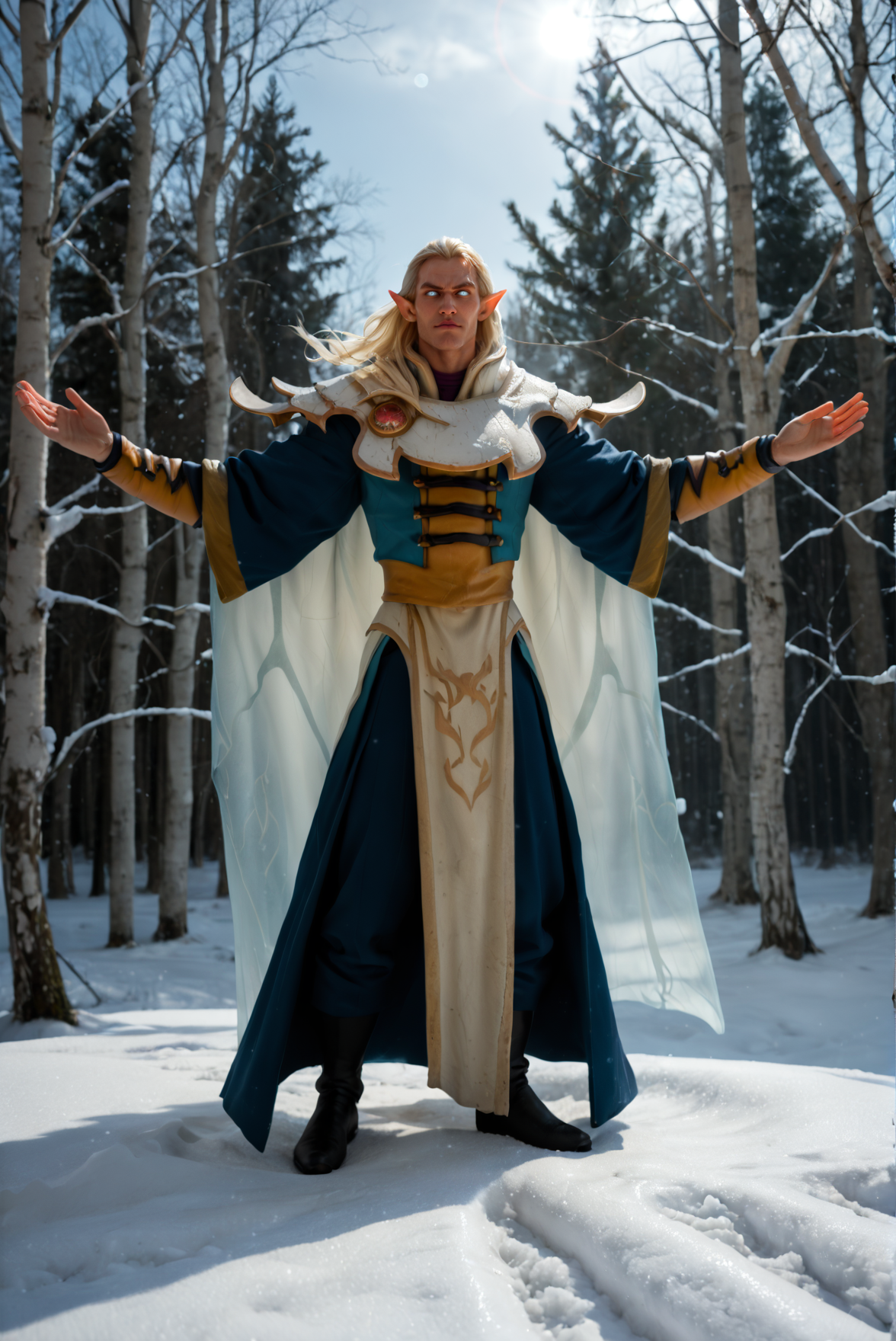 <lora:invoker_game_v1:1>invoker_game_v1,
 1boy, 
elf, skinny, solo, 25 y.o,  very young man , 
white eyes, 
long hair, blonde hair, 
shoulder armor, belt, footwear, coat, sash, pants
long pointy ears, pointy ears, narrow nose,, score_9, score_8_up, score_7_up, solo, 
blur censor, blurry, blurry background, blurry foreground, bokeh, motion blur,
chromatic aberration, depth of field, figure, focused,  focus
Abandoned ghosting castle buried in deep snow in the background, eerie silence, frozen figures half-covered in snowdrifts. Black winter day, swirling snow obscuring the sun, frozen trees stretching towards a leaden sky, lowing robes, dynamic pose, convey grace, exudes elegance