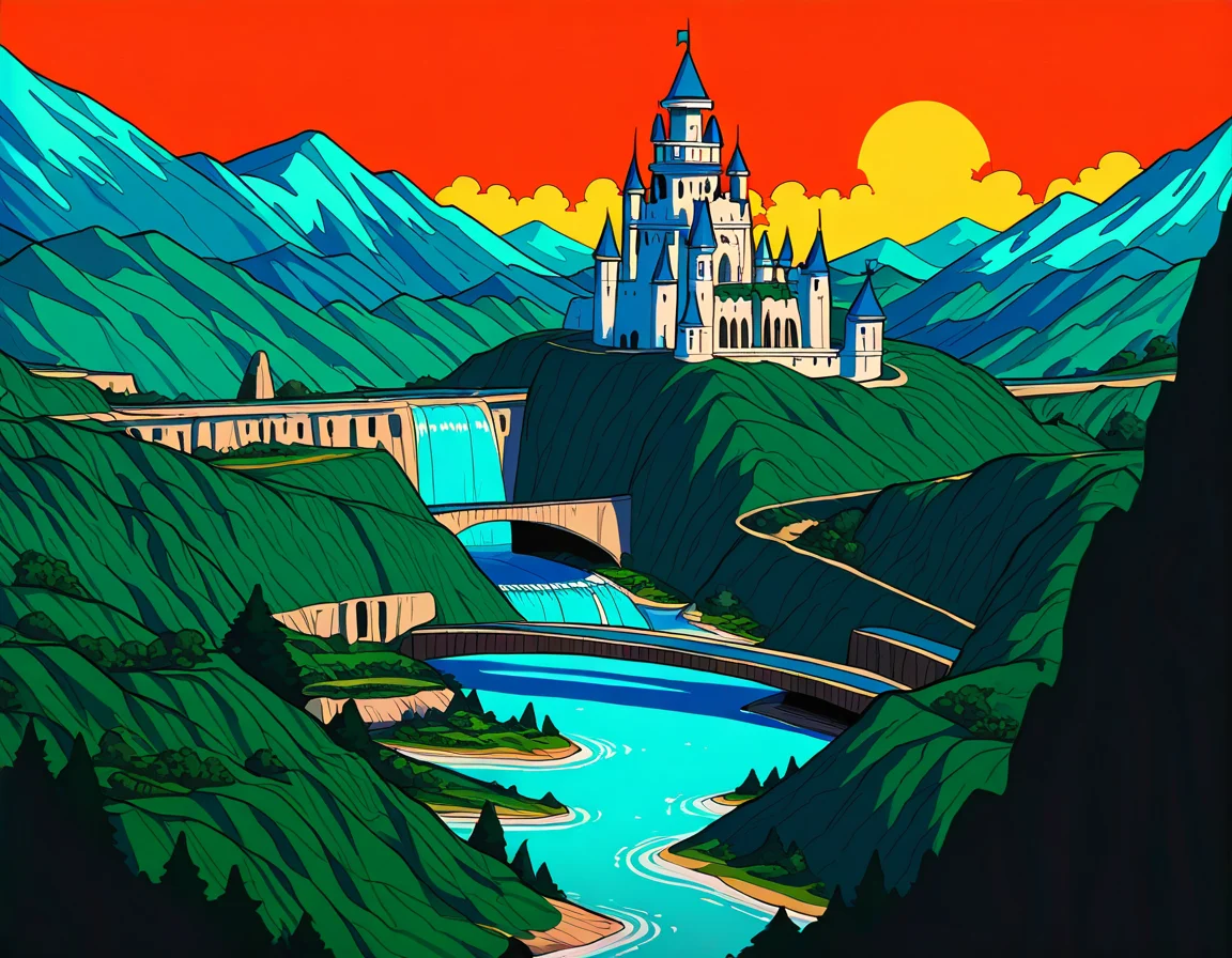 castle, bridge, mountains, waterfall, sunset, scenery, no-humans, masterpiece, best quality, newest, absurdres, highres,