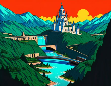 castle, bridge, mountains, waterfall, sunset, scenery, no-humans, masterpiece, best quality, newest, absurdres, highres,
