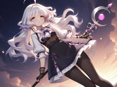<lora:IL_Rowan:1>,1girl,solo,mb_rw,hairclip,yellow eyes,Rowan/(mabinogi/),goth_fashion,staff,holding staff,pigeon toed,blush,parted lips,looking at viewer,floating hair,cowboy shot,dutch angle,light particles,white blouse,leather corset,pantyhose,fingerless gloves,, masterpiece,best quality,amazing quality,very aesthetic,absurdres,