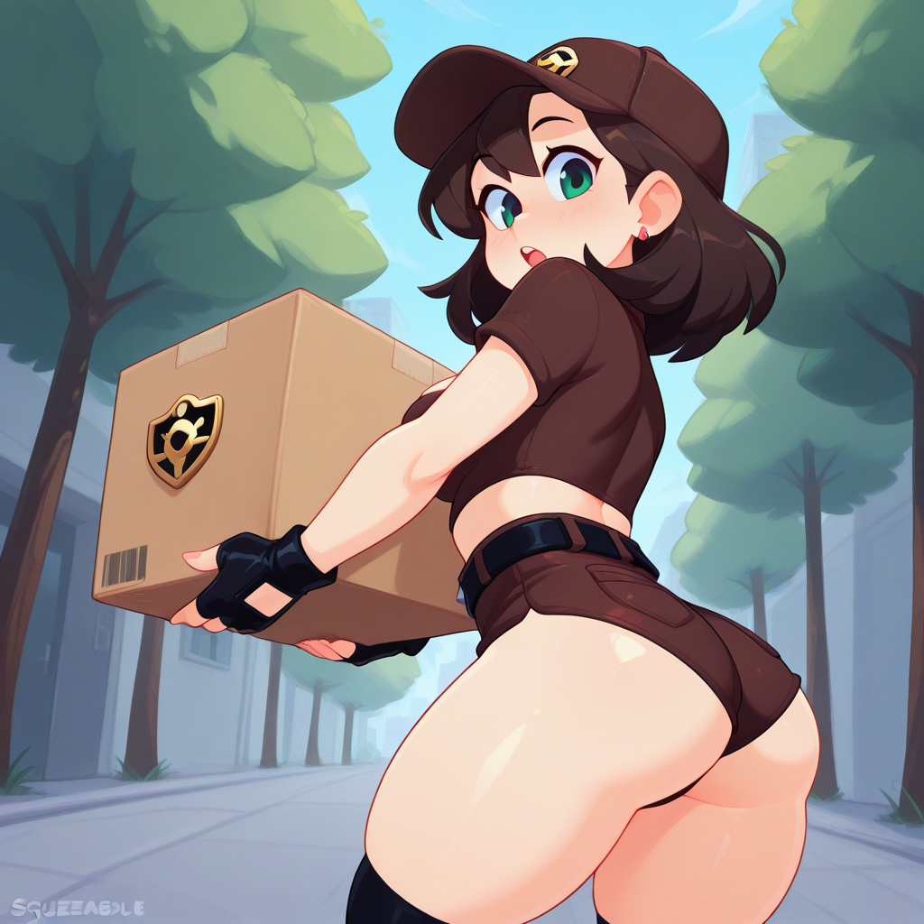 source_western, cowboy shot, (drawn by Scott Malin, drawn by Squeezable \(squeezabledraws\), drawn by Fizintine), marnie\(pokemon\), surprised, shocked, embarrassed, looking down at viewer, blushing, blush,
<lora:UPS_Delivery_Girl_Outfit_Illustrious:1>  USPgirl, dark brown hat with gold badge emblem, skin tight dark brown cropped short sleeve professional shirt with a gold badge emblem, cleavage, skin tight dark brown micro shorts, black fingerless gloves, belt, over knee black socks, boots, skin tight clothes, dark brown clothes, bare thighs, midriff,  holding a cardboard box,
outdoors ,city street, trees, from below, low angle shot, ass, (ass focus), carrying one cardboard box with both hands,