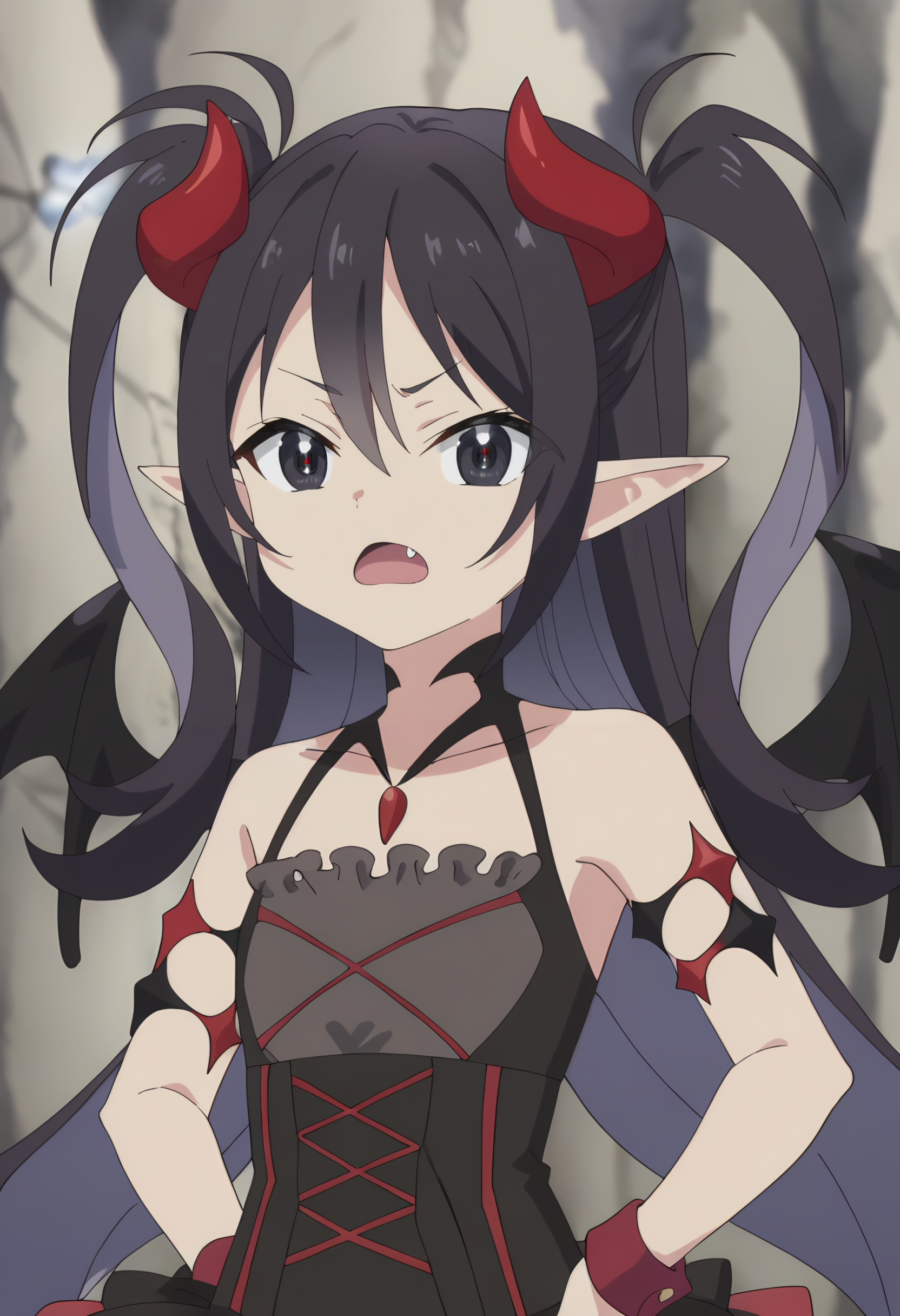 <lora:Luceria:0.9>Luceria, 1girl, solo, long hair, pointy ears, black hair, demon girl, demon horns, demon wings, two side up, black eyes, hair between eyes,   demon tail  ,  bare shoulders, black dress, upper body, looking at viewer , open mouth, fang, score_9, score_7_up,anime coloring ,source_anime, anime, anime screencap
