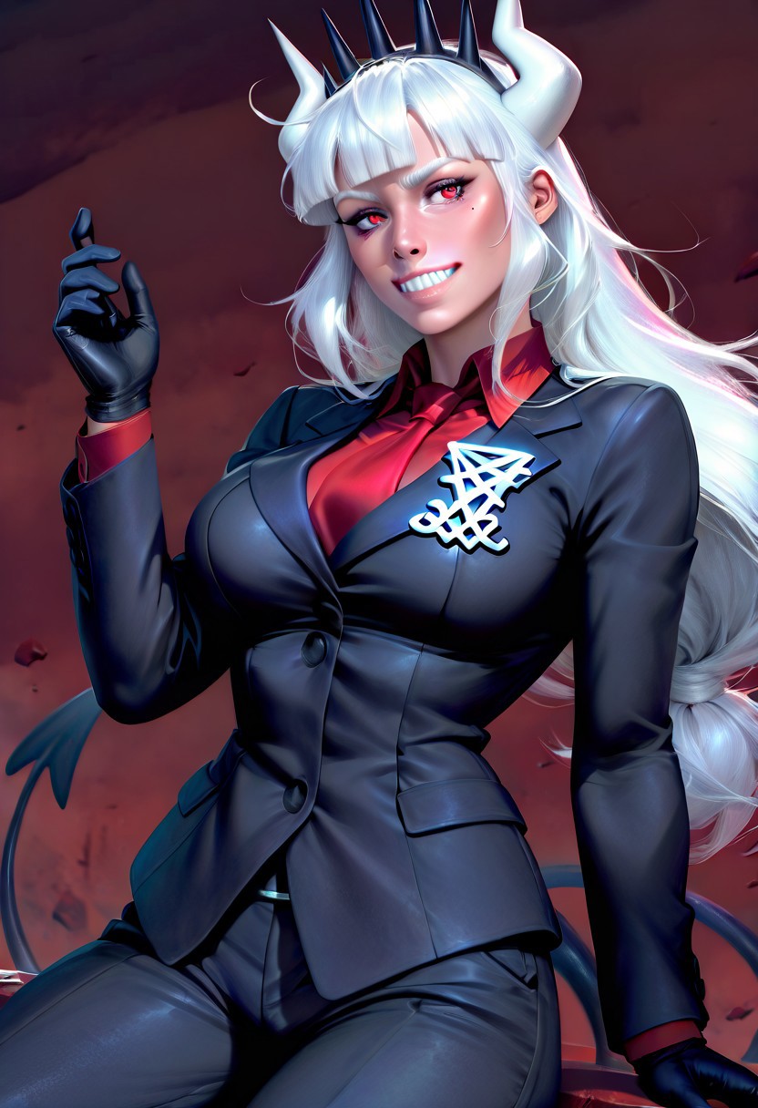 best quality, masterpiece, krysdeckerStyleIL, semi-realistic, 1girl, solo, lucifer \(helltaker\), black suit, red necktie, black collared shirt, black gloves, blunt bangs, demon horns, demon girl, demon tail, sharp teeth, red eyes, white hair, long hair
