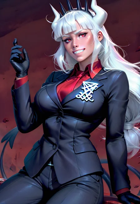 best quality, masterpiece, krysdeckerStyleIL, semi-realistic, 1girl, solo, lucifer \(helltaker\), black suit, red necktie, black collared shirt, black gloves, blunt bangs, demon horns, demon girl, demon tail, sharp teeth, red eyes, white hair, long hair