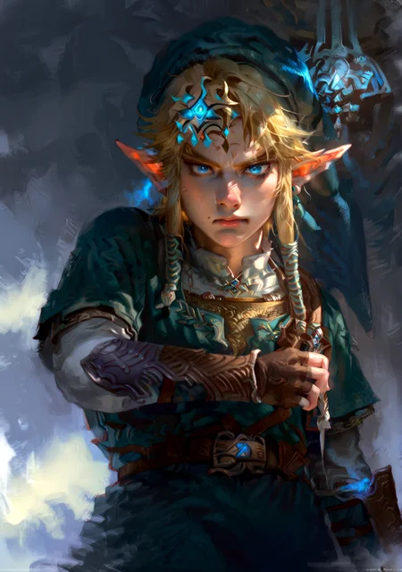 score_9,score_8_up, score_8,
the legend of zelda, the legend of zelda: twilight princess, dark, brooding,
1boy, tphrlnk, solo, portrait, elf, blonde hair, blue eyes, hat, green tunic, belt, fingerless gloves, cowboy shot, weapon on back, looking down, glowing blue eyes, anger,
<lora:Expressive_H:0.5> <lora:Dungeons_and_Dragons_Art_Style:1> <lora:tp_hero_link_tphrlnk_ponyxl_v1:1>