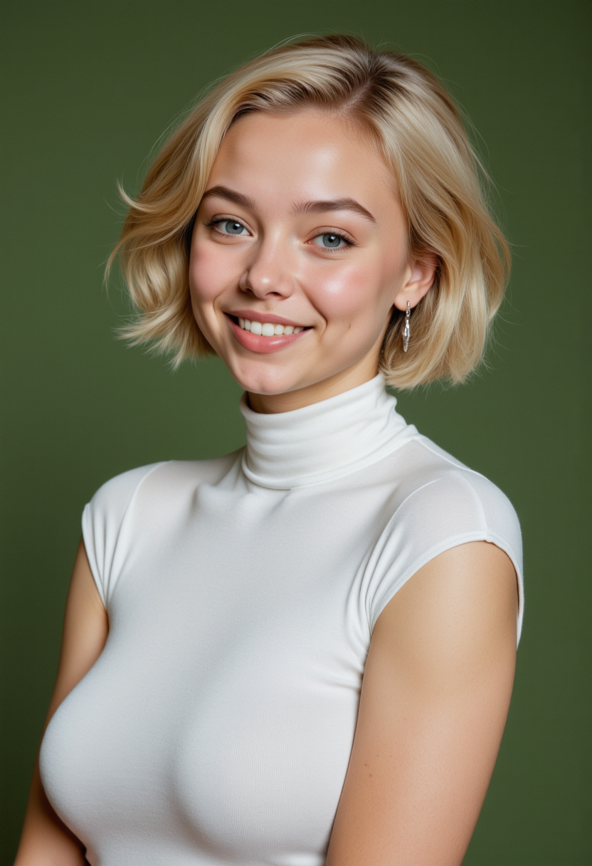 Headshots,masterpiece, a beautiful woman,Hyperrealistic, she is smiling, dynamic angles, multiple angles, photoshoot poses; A photo of FCGV2, a woman with short blonde hair, she has massive breasts, a beautiful girl,she is wearing a white turtleneck sweater.she has massive breasts, she has piercing eyes. a dynamic pose and a sense of action. simple green background, and the lighting is soft, creating a dramatic effect, creating a focused and dynamic pose.; the scene is set in a beautiful well-lit environment, with a sense of action and adventure. Style: realistic hyper-detailed rendering, 32k UHD, expressive eyes, punk, graphic design, girl's face, pretty and cute, gleaming lips, telling a tale of adventure. Exuding confidence and serenity. The overall mood of the image is happy and relaxed, detailed skin texture,(blush:0.2),(goosebumps:0.3), subsurface scattering,with a playful and whimsical tone,perfect hand, hand, detailed hand,niji style,retro50s_style,