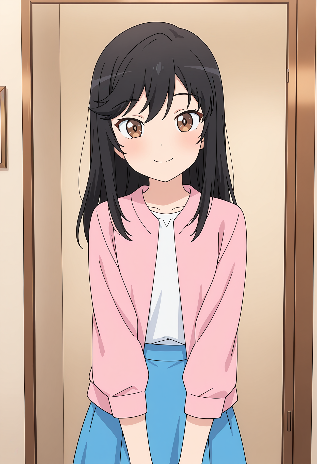 masterpiece, best quality, high resolution, source_anime, highly detailed illustration, detailed eyes,  
very aesthetic, absurdres, newest, amazing quality, 
1girl, solo, 
<lora:shiIchijouHotaruV1ill:1>, long hair, black hair, brown eyes, blue skirt, pink jacket, white shirt, 
looking at viewer, smile,