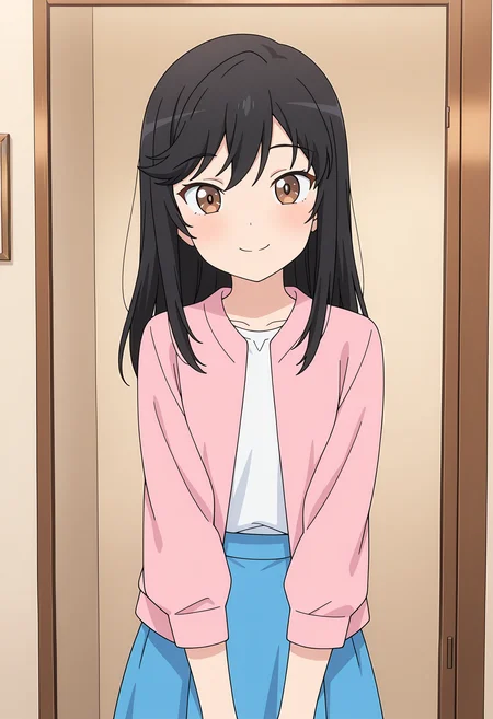 masterpiece, best quality, high resolution, source_anime, highly detailed illustration, detailed eyes,
very aesthetic, absurdres, newest, amazing quality,
1girl, solo,
<lora:shiIchijouHotaruV1ill:1>, long hair, black hair, brown eyes, blue skirt, pink jacket, white shirt,
looking at viewer, smile,