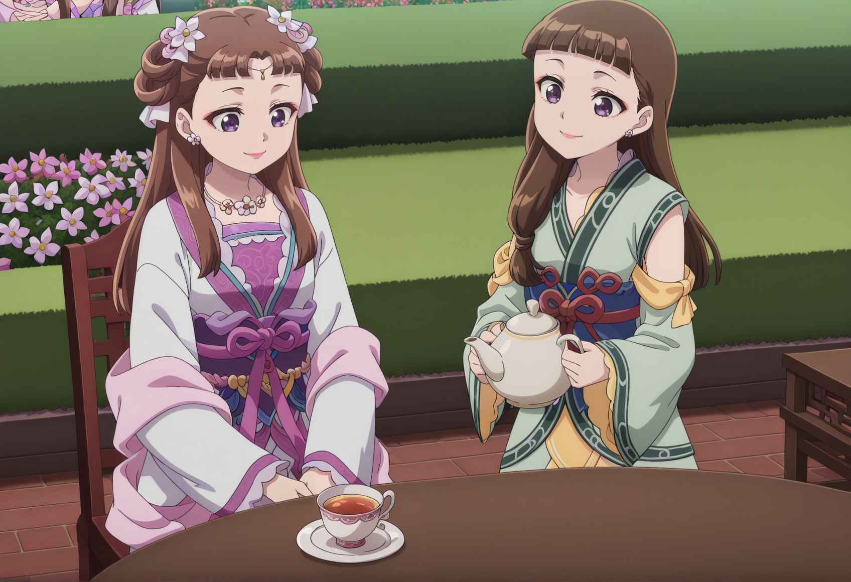 anime screenshot, anime coloring, 2girls, outdoors, garden, flowers, chair, table, 1girl, brown hair, purple eyes, long hair, hair rings, hair ornament, hair flower, jewelry, forehead jewel, necklace, chinese clothes, stole, makeup, eyeliner, lipstick, smile, hands together, looking down, teacup, sitting   <lora:lishu_kusuriya_v2:1>
BREAK
anime screenshot, anime coloring, 2girls, outdoors, garden, flowrs chair, table, 1girl, blunt bangs, long hair, brown hair, brown eyes, earrings, tied hair, single sidelock, chinese clothes, green dress, detached sleeves, wide sleeves, sash, red skirt, holding teapot, standing, smile <lora:Lymsleia_illustrious_v2:1>, masterpiece, best quality, amazing quality, very aesthetic, absurdres, highres, newest