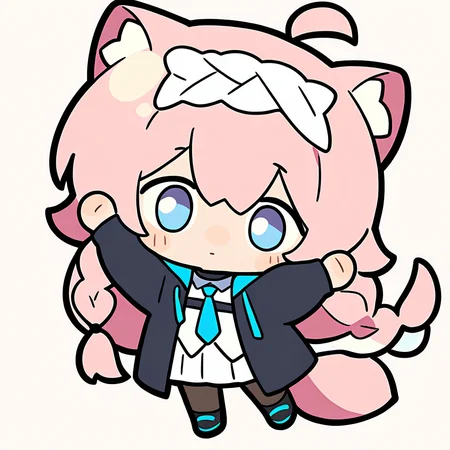 1girl, 
solo, simple background, white background, chibi, full body, pose, hairband, pleated skirt, standing, animal ears, blue necktie, single braid, braid, long sleeves, necktie, hood, pantyhose, skirt, fox tail, white skirt, arms up, animal ear fluff, blue eyes, pink hair, fox girl, open clothes, black jacket, very long hair, jacket, shirt, hooded jacket, tail, white hairband, long hair, white shirt, fox ears, black pantyhose, hood down, ahoge, open jacket, sidelocks, black footwear, looking at viewer, closed mouth, blush stickers,
masterpiece, best quality, very aesthetic, newest, absurdres, incredibly absurdres
 <lora:luodedaonoob-000006:1>