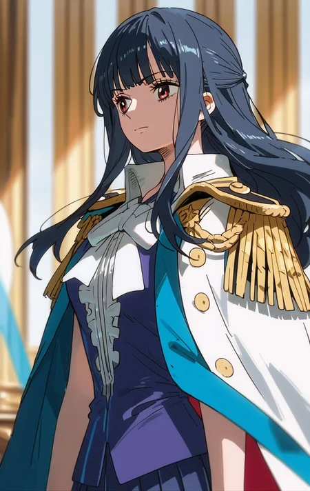 <lora:PONY_character_ain-000004:1>,ain_(one_plece), 1girl, solo, long_hair, epaulettes, closed_mouth, coat, blunt_bangs, bow, score_9, score_8_up, score_7_up, score_6_up,1girl