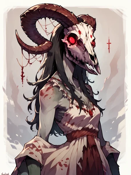score_9, score_8_up, score_7_up, score_6_up, score_5_up, <lora:wendigoXLP:1> wendigo, horns, 1girl, animal skull, monster, no humans, solo, red eyes