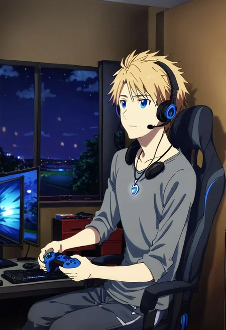 high resolution, solo, best quality, 1Boy, Yamato Ishida, Blond Hair, Blue Eyes, Necklace, gamer, bedroom, night, pc, sit, headset, potrait, OverallDetail