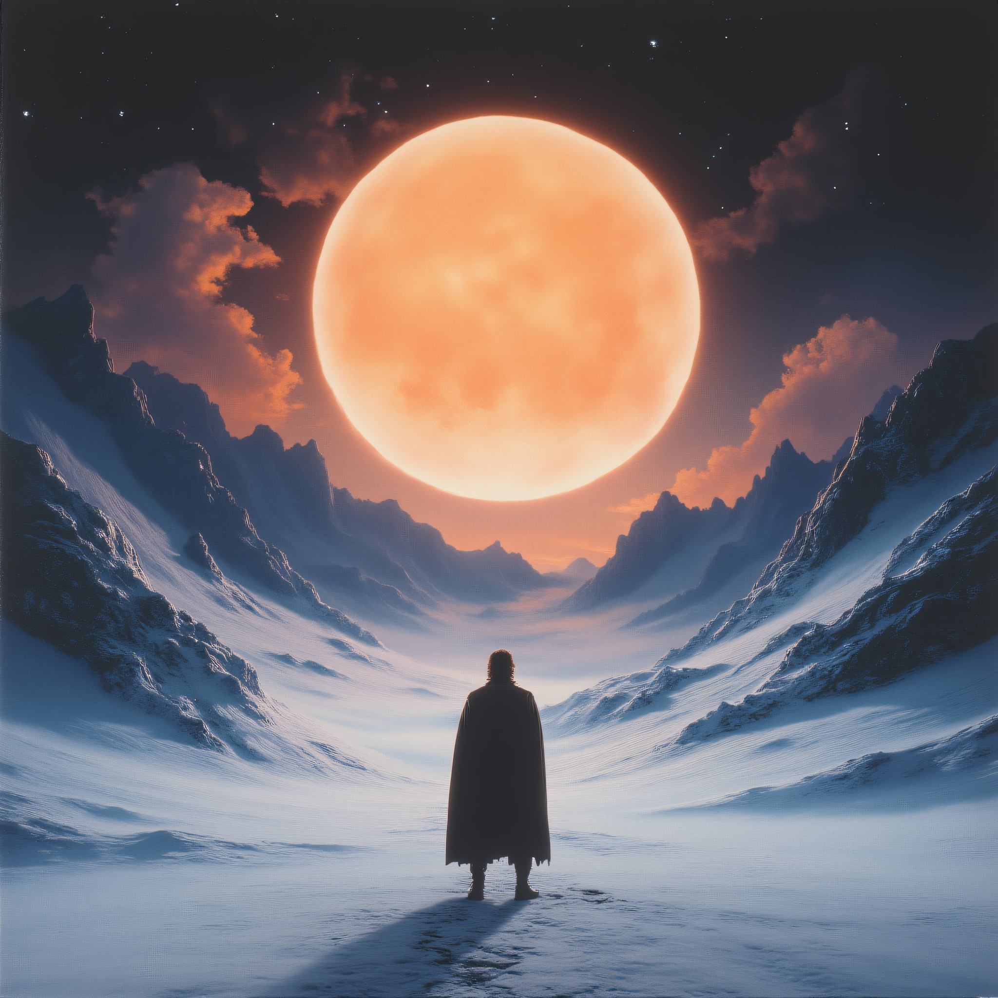 ArsMovieStill, 80s Fantasy Movie Still, The image is a digital illustration of a person standing in the middle of a vast landscape with a large full moon in the background. The person is facing away from the viewer with their back towards the horizon. The sky is dark and cloudy and the moon is a bright orange color. The mountains on either side of the person are covered in snow and ice and they are silhouetted against the sky. The overall mood of the image is dramatic and awe-inspiring., moon, scenery, sky, night, full moon, outdoors, night sky, star (sky), ambiguous gender, solo