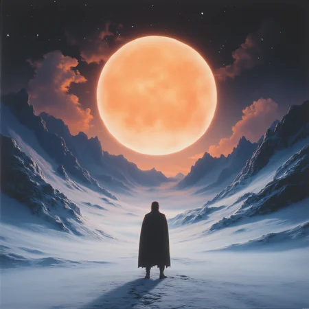 ArsMovieStill, 80s Fantasy Movie Still, The image is a digital illustration of a person standing in the middle of a vast landscape with a large full moon in the background. The person is facing away from the viewer with their back towards the horizon. The sky is dark and cloudy and the moon is a bright orange color. The mountains on either side of the person are covered in snow and ice and they are silhouetted against the sky. The overall mood of the image is dramatic and awe-inspiring., moon, scenery, sky, night, full moon, outdoors, night sky, star (sky), ambiguous gender, solo