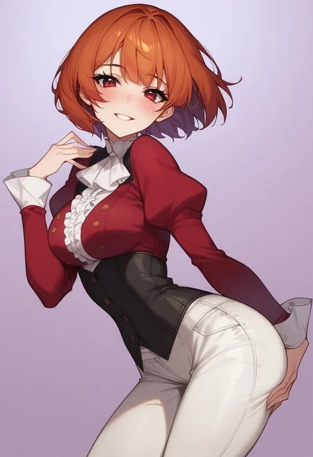 score_9, score_8_up, score_7_up, score_6_up, score_5_up, source_anime, smooth_anime, high quality, highly detailed, flat illustration, high res, (dynamic shadows and lighting), soft shading, soft lighting, woman, adult, 20yo, 20 years old, 1girl, solo, Laika, laika_slime_300, straight hair, bob cut, bangs, orange hair, red eyes, short hair, medium breasts, wide hips, long eyelashes, ((hourglass figure, petite body, slender waist)), (detailed eyes, detailed face), ((r1d3r, red jacket, puffy sleeves, long sleeves, black corset, white frills, buttons, black high heel boots, white pants)), simple background, gradient background, lavender background, ((suggestive pose)), shy, smile, lidded eyes, blushing, standing, leaning forward, half side view, looking at viewer,