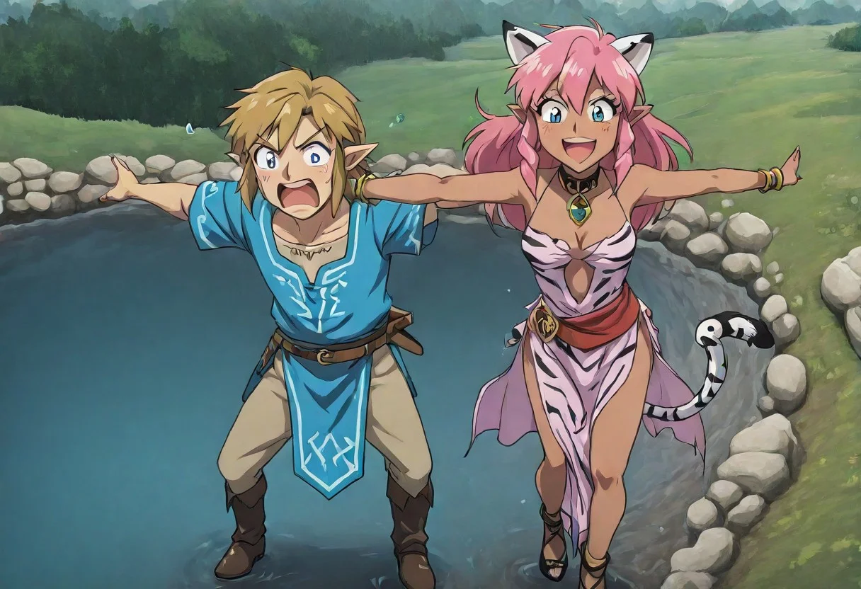 Pink_DragonPink, 1girl, sleeveless dress, white tiger print dress, pelvic curtain, cleavage, white tiger tail, red sash, small breasts, leather shoes, masterpiece, very aesthetic, cute expression <lora:pink-illustrious:1>,
Break
(anime, anime coloring:1.3),1boy,Anime screencap,link (zelda),blonde hair,blue eyes,pointy ears, wearing blue hyilian tunic,
Hylia lake, in front of lake, dragonpink dancing with link, happy and smiling, loveyes