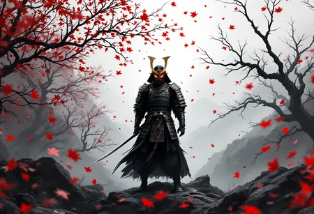 A striking cinematic illustration of a samurai warrior standing on rocky terrain. The warrior is clad in traditional armor, featuring impressive shoulder and waist guards, and holds a katana sword. The armor's mask is intricately designed with a bold red pattern and glowing eyes, creating an air of mystery. The background is a monochromatic landscape of bare trees and mountains, with a misty atmosphere. Red leaves blow through the scene, providing a stark contrast against the predominantly gray and black tones. The composition exudes a sense of depth and solitude, while the dynamic movement of the leaves adds a touch of life to the still scene