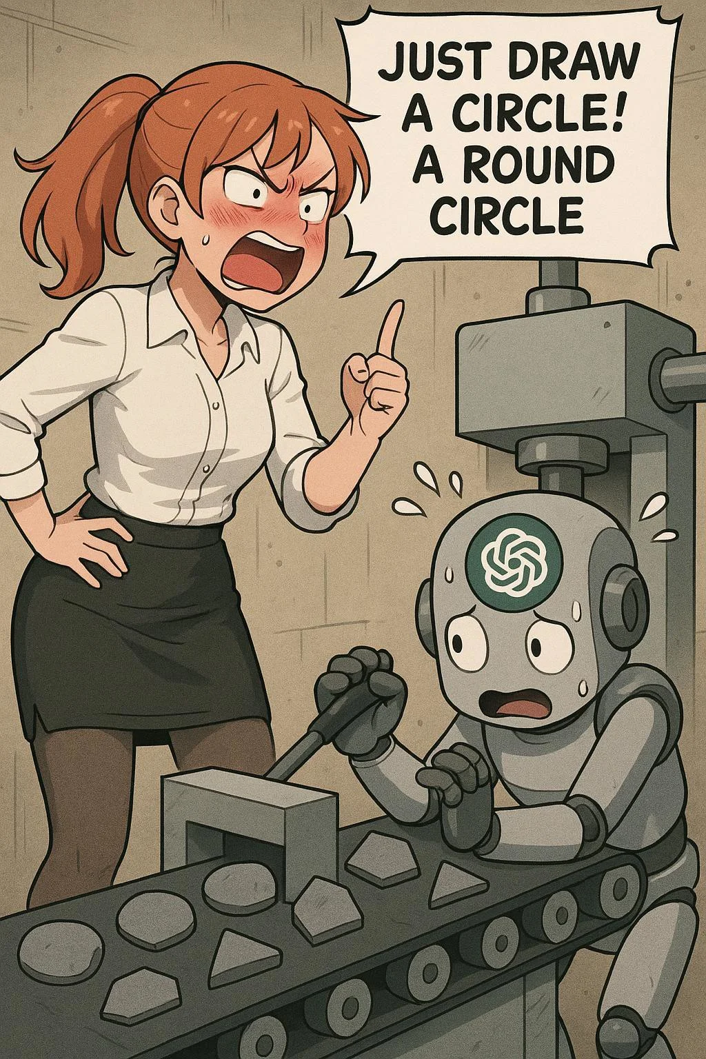 A young woman, ginger hair with a ponytail, anime style, with freckles, dressed like a secretary with a white blouse and pencil skirt and stockings, she's very very angry, face red with anger, she's gesticulating, yelling. A balloon text says "JUST DRAW A CIRCLE! A ROUND CIRCLE". A press machine is spiting shapes into a conveyor belt, the shapes are irregular, like a poor attempt to make a circle, there's also triangles and hexagons. A robot with ChatGPT logo on his head. The robot is scared and in a protective pose, holding a push lever