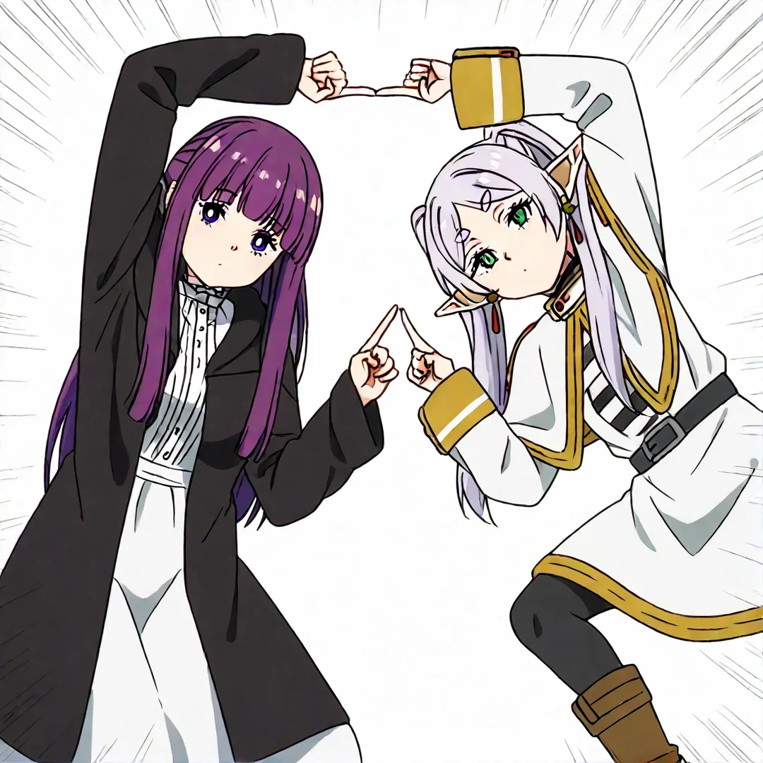 <lora:Fusion_Dance_illustriousXL-000011:1>, fusion dance, fingers together, index finger raised, index finger together, index contact, masterpiece, highres,
BREAK, <lora:fern-s1-ponyxl-lora-nochekaiser:0.6>, 1girl, fern, long hair, bangs, purple hair, sidelocks, blunt bangs, bright pupils, half updo, long sleeves, dress, white dress, long dress, robe, black robe,
BREAK, <lora:frieren-ponyxl-lora-nochekaiser:0.6> ,1girl, frieren, long hair, twintails, grey hair, pointy ears, elf, shirt, long sleeves, jewelry, pantyhose, earrings, striped, black pantyhose, capelet, white striped shirt, skirt, white skirt,