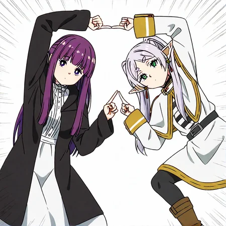 <lora:Fusion_Dance_illustriousXL-000011:1>, fusion dance, fingers together, index finger raised, index finger together, index contact, masterpiece, highres, 
BREAK, <lora:fern-s1-ponyxl-lora-nochekaiser:0.6>, 1girl, fern, long hair, bangs, purple hair, sidelocks, blunt bangs, bright pupils, half updo, long sleeves, dress, white dress, long dress, robe, black robe, 
BREAK, <lora:frieren-ponyxl-lora-nochekaiser:0.6> ,1girl, frieren, long hair, twintails, grey hair, pointy ears, elf, shirt, long sleeves, jewelry, pantyhose, earrings, striped, black pantyhose, capelet, white striped shirt, skirt, white skirt,
