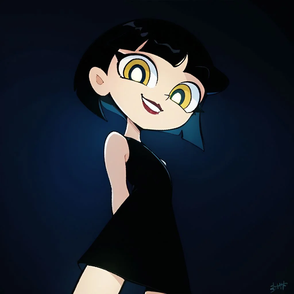 powerpuff, ingridthird, 1girl, black hair, solo, short hair, yellow eyes, black dress,smile sleeveless, makeup, looking at viewer, lipstick, bob cut,dark room, low light, lit face from below, ,cowboy shot, score_9, score_8_up, score_7_up, score_6_up, bright eyes, bright pupils, close-up, mysterious, black background, night, portrait, blue lighting, arms behind back,
