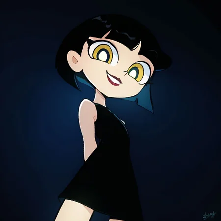 powerpuff, ingridthird, 1girl, black hair, solo, short hair, yellow eyes, black dress,smile sleeveless, makeup, looking at viewer, lipstick, bob cut,dark room, low light, lit face from below, ,cowboy shot, score_9, score_8_up, score_7_up, score_6_up, bright eyes, bright pupils, close-up, mysterious, black background, night, portrait, blue lighting, arms behind back,