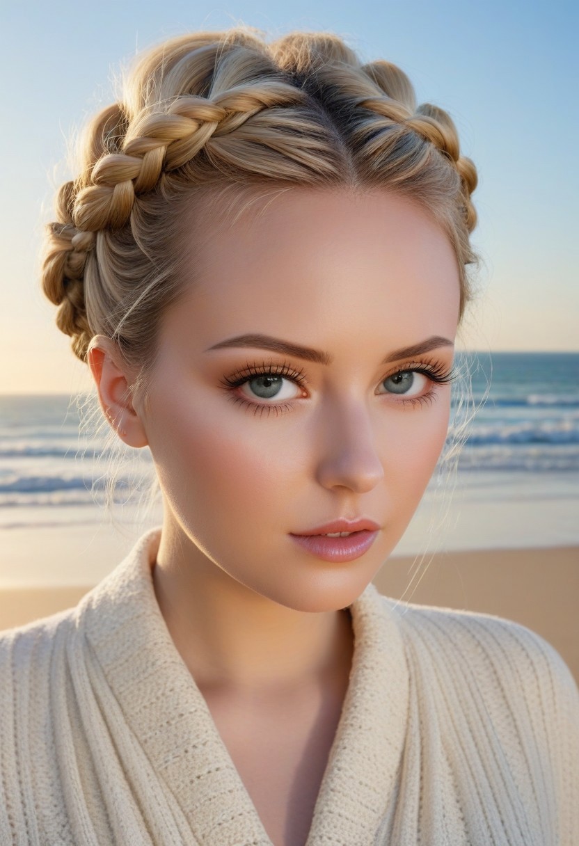 score_9, score_8_up, score_7_up, score_6_up, score_5_up, score_4_up, 1girl, adult, 23 years old, closeup, sunlight on face, blonde, braided updo, realistic photo, sun in eyes, golden hour, outdoors, sunny day, sunlit irises, masterpiece, detailed, highest quality, dramatic lighting, realistic, short hair, long eyelashes, beach
