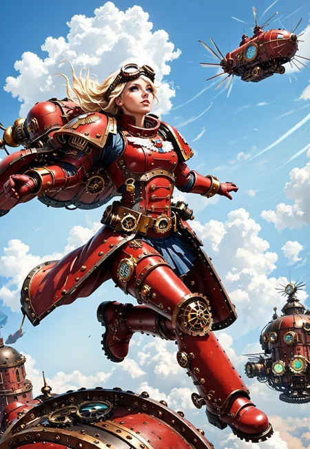 (score_9, score_8_up), score_7_up,  <lora:PonyBloodA40K:0.8> BloodA40K, 1girl, solo, wearing red power armor, ((steampunk, sky world, cloud)), midriff, blonde hair, flying, hovering, air, goggles on head, dynamic angle, (intricate details,detailed face,detailed eyes,super-detailer-bsy,detailifier,detailed skin,detailed hair,hyper-detailed,ultra-detailed,sexiness enhancer)