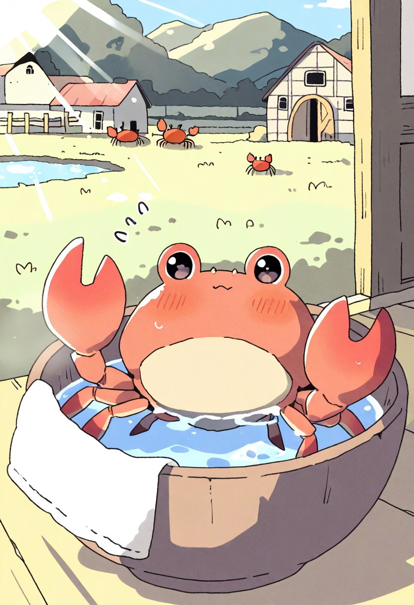 (masterpiece, best quality, high quality, highres), very awa, highres, absurdres,
(naguru \(cyoroama\), (chii-kun \(seedyoulater\):0.7), 
(crab:1.1),
(no humans:1.1), (cute:1.2), comfy, solo, cozy,
bathing, day, sunlight, sun rays, relaxed, embarrassed, surprised, farm, bowl of water,