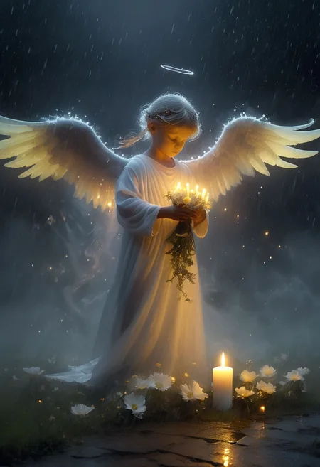 Small child offering flowers to a translucent light spirit with wings, in a graveyard on a cloudy rainy day, there are lit candles on the ground