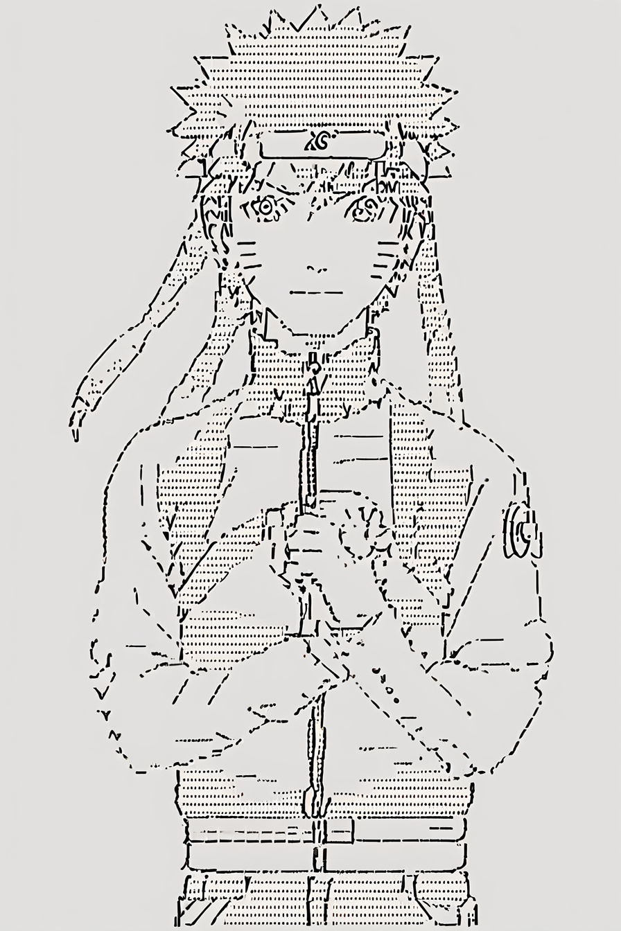 score_9, score_8_up, score_7_up, score_6_up, score_5_up, score_4_up,<lora:Naruto:0.8>  uzumaki_naruto, forhead protector, konohagakure symbol, whisker markings,  jacket, pants, 1boy, <lora:ascii_character:1>,  ascii_art_style, monochrome, greyscale, masterpiece, highres, white background, simple background