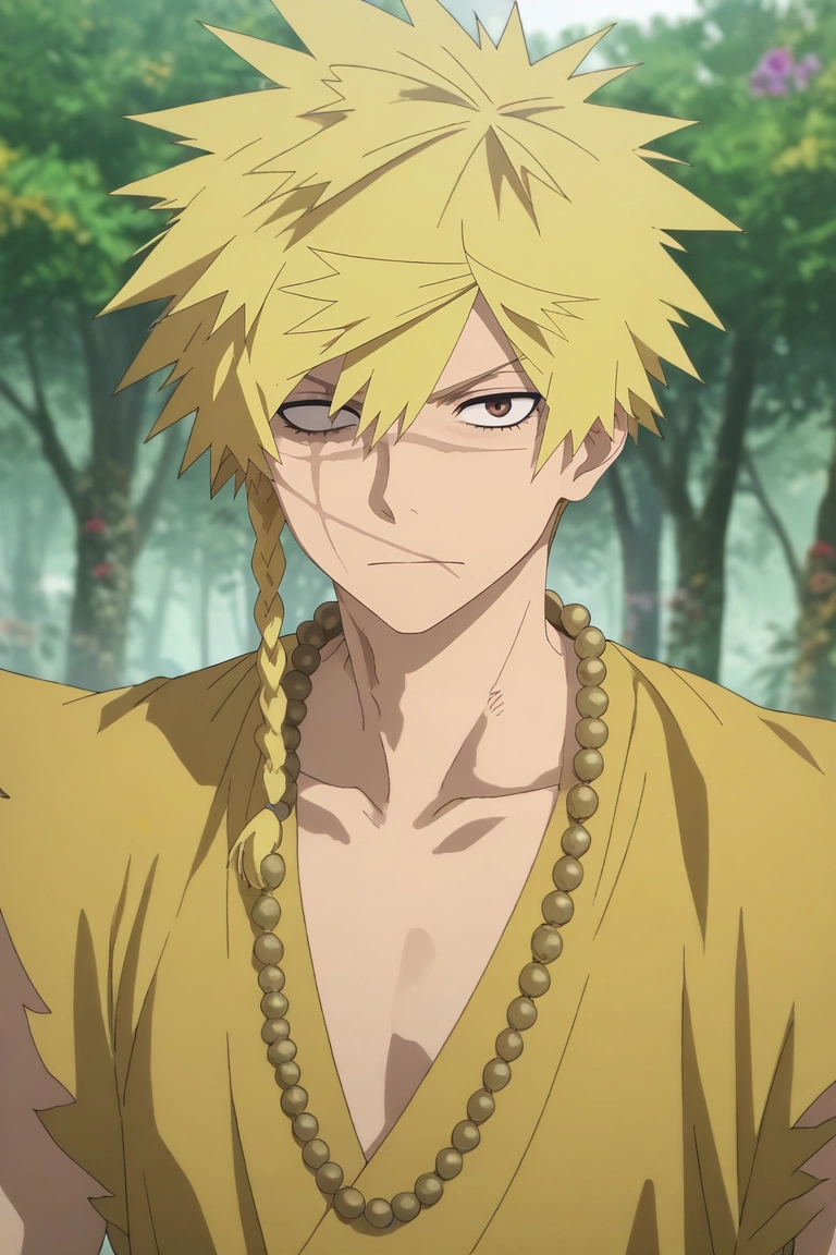 score_9, score_8_up, score_7_up, , rating_safe, , anime screencap, , , looking at viewer, depth of field, 1boy, solo, male focus, <lora:choubei_aza_pony:1>, choubei_aza, blonde hair, brown eyes, long hair, braid, spiked hair, scar on face, necklace, , , <lora:sdxl_lightning_8step_lora:1>