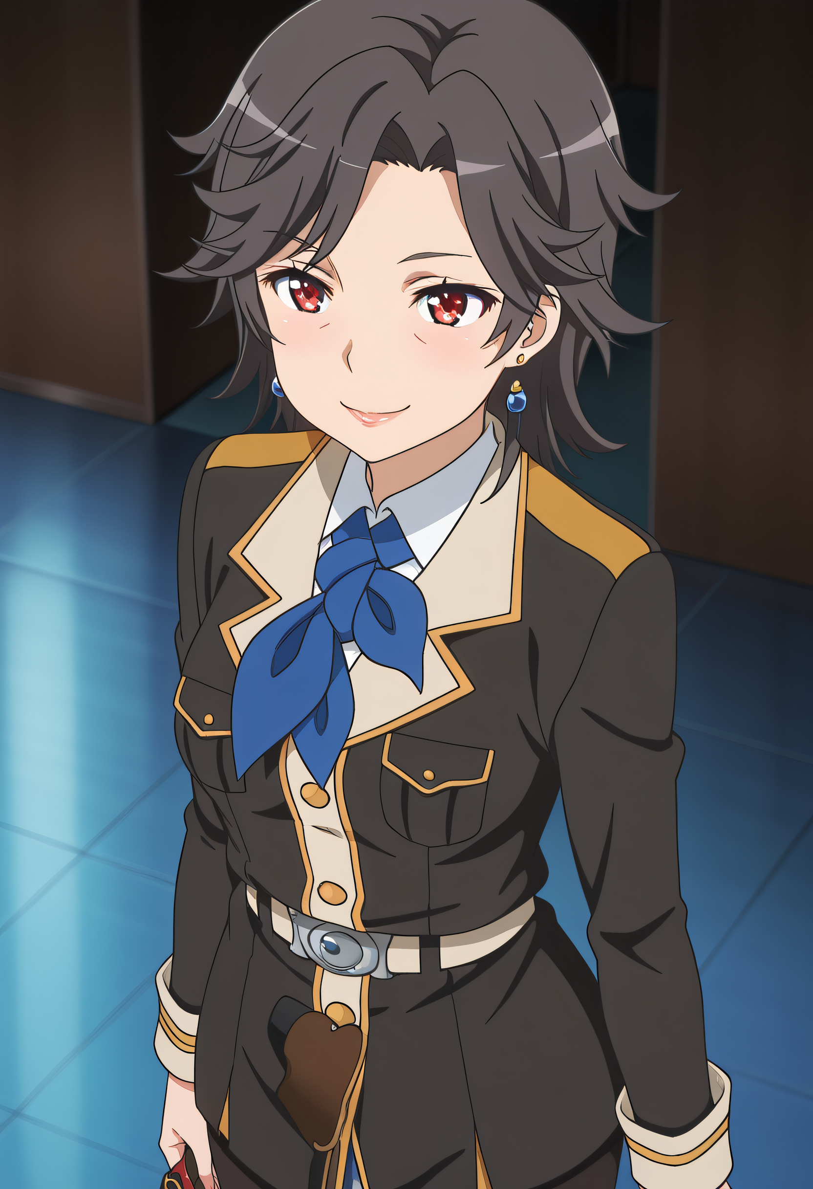 masterpiece,best quality,amazing quality,very aesthetic, absurdres

1girl, solo, Mayuki Munetani, red eyes, military, uniform, lips, jewelry, belt, pantyhose, high heels, anime coloring, eye wrinkles,

Standing, Smile, upper body,


