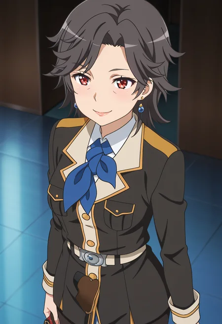 masterpiece,best quality,amazing quality,very aesthetic, absurdres
1girl, solo, Mayuki Munetani, red eyes, military, uniform, lips, jewelry, belt, pantyhose, high heels, anime coloring, eye wrinkles,
Standing, Smile, upper body,