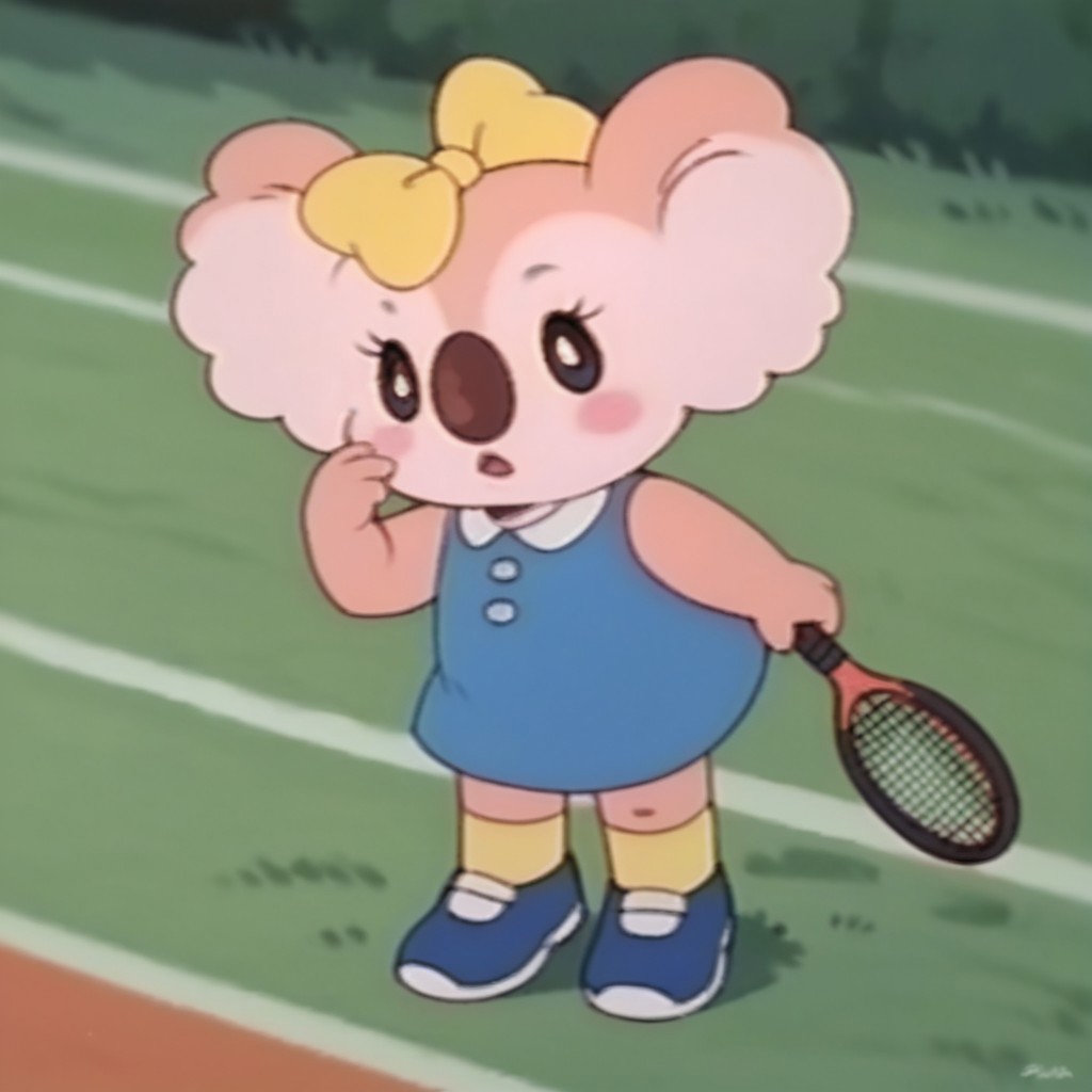 score_9, score_8_up, score_7_up, score_6_up, score_5_up, score_4_up, source_furry, Laurakoala, semi-anthro, female, koala, peach fur, blue dress, yellow bow, yellow socks, blue shoes, tennis