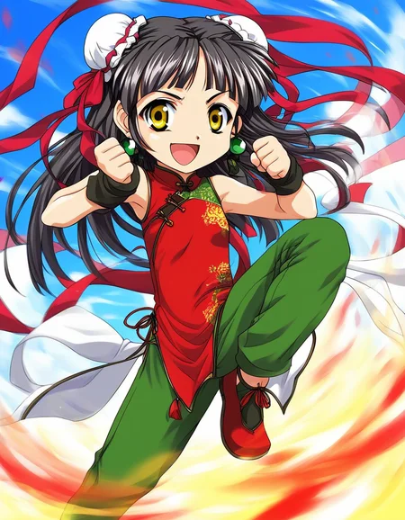 score_9, score_8_up, score_7_up, source_anime, rating_explicit, BREAK <lora:Kounyan_Ver2.0_XL:1> Kounyan, solo, black hair, long hair, double bun, hair bun, bun cover, yellow eyes, ribbon, earrings, green_jewelry, chibi,
red china dress, red ribbon, green pants, aura,
outdoor, sky, serious smile, open mouth,
fighting_pause, fight style,
looking at viewer,
cowboy_Shot,
