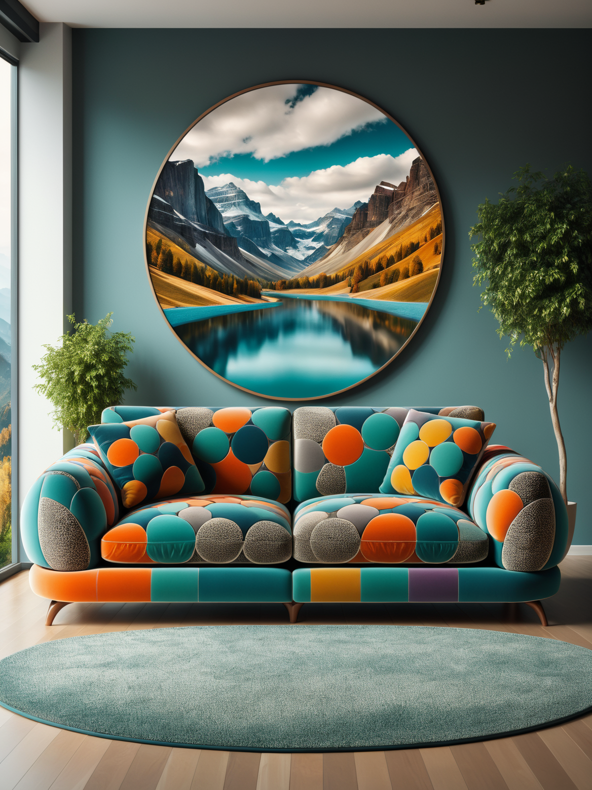 colorful mad-circle sofa in living room, photo of a landscape on the wall <lora:Colorful_Circles_SDXL:0.6>, (masterpiece:1.2), best quality, (hyperdetailed, highest detailed:1.2), high resolution textures