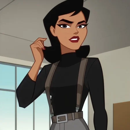 score_9, score_8_up, score_7_up, 1girl, solo, lipstick, black hair, black eyes, dark skin, black shirt, gray pants, suspenders, belt, cartoon_screencap, Renee Montoya (dc), looking at viewer, breast, indoors