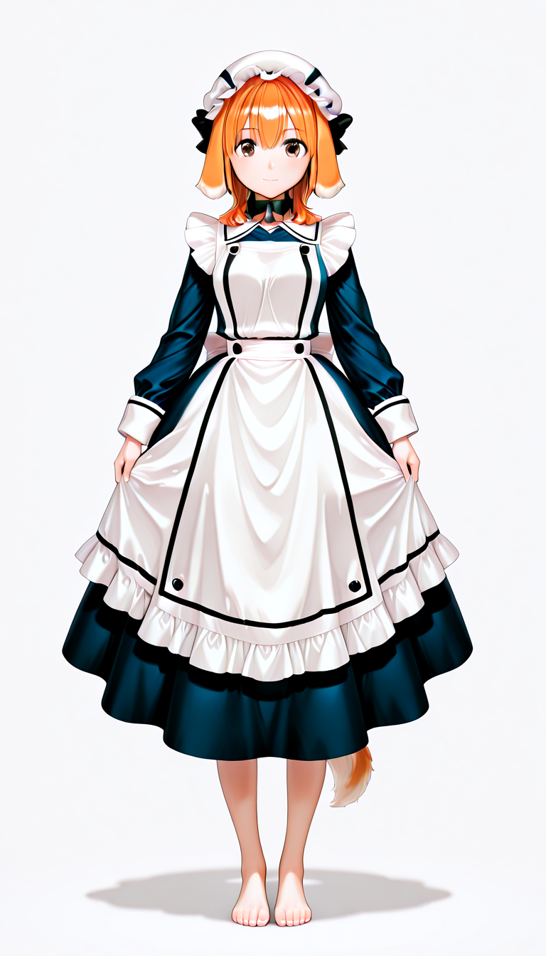 IllusP0s,masterpiece, best quality,(ultra detailed eyes:1.4),((ultra detailed heir:1.4)), ((explicit)), <lora:perfection style v2d:1> ,((dynamic angle)),((dynamic pose))
BREAK
1girl, r0xanne_manga,   <lora:Roxanne_-_100percent_-_manga:1>, Black collar, brown eyes, short hair, orange hair, floppy ears, dog ears, dog girl, Black ribbon
Edwardian maid, long sleeved blue dress, mob cap, white hat, ((long skirted blue dress)), white apron with blue stripes, maid's apron, white apron with blue stripes, (tail sticking out of dress), ((barefoot:1,4))
BREAK
blank background, direct shot, blank pose ,standing ,neutral black expression, full body, ((straight-on)), âââ
looking at viewer, light smile