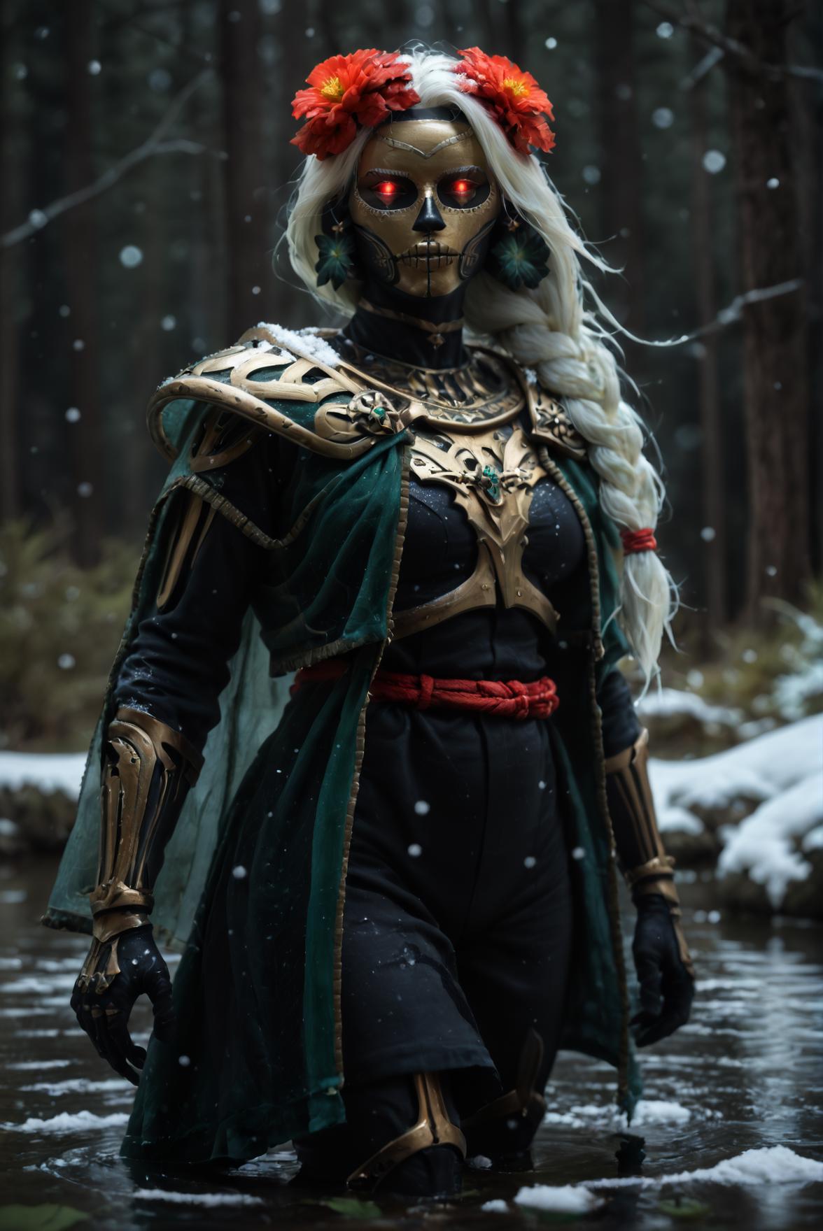 <lora:muerta_v1:0.8> , muerta_v1,
(green hair,white hair, long hair, one braid, three red elastic bands for hair,
three flower)
red eyes,  glowing eyes, 
mask, 
black skin, 
very big earrings, jewelry,
shoulder pads,skeletal ribs, gold armor, green cape, black gold gloves, short robe, black pants, red robe belt,  knee-high boots, score_9, score_8_up, score_7_up, solo, 
snow, snowing, forest, lake, night, scenery, nature, wilderness,, standing in the lake, having a bath in a lake, wet semi-transparent clothes,
blur censor, blurry, blurry background, blurry foreground, bokeh, motion blur,
chromatic aberration, depth of field, figure, focused,  focus