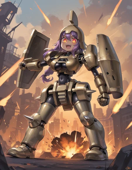 (score_9:0.9),score_8_up,score_7_up,rating_safe,(zPDXL3),(zPDXL),
<lora:Ancient gear golem ponyXL v1:0.74>,
ancient gear golem,no humans,robot,solo,orange eyes,chibi,standing,spikes,science fiction,looking at viewer,full body,open mouth,clenched hand,looking at viewer,gear,city,explosion,facing viewer,incoming punch,1girl,personification,long hair,purple hair,blush stickers,bronze armor,bronze helmet,thick thighs,underboob,large breasts,fangs,giantess,cleavage,bare arms,dark-skinned female,outstretched arm, navel.