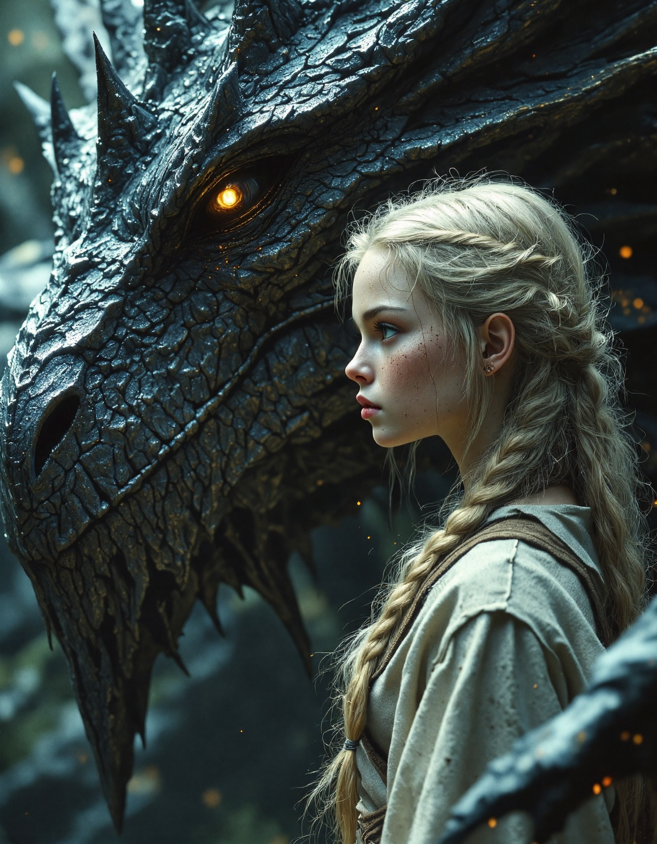 cinematic photo, dramatic close-up portrait in a dark fantasy style.  A young girl with pale skin, light blonde hair styled in braids, and slightly smudged face looks intently towards the right of the frame.  She wears simple, rough-spun clothing.  Loosely framing her from the left side is the immense, scaled head of a dark grey dragon.  The dragon's scales are incredibly detailed and textured, with sharp spikes and horn-like protrusions.  The dragon's visible eye is a striking, glowing orange-yellow, and it seems to be observing the girl.  The lighting is dramatic, with deep shadows emphasizing the textures and forms of both the girl and the dragon. The overall style resembles a digital painting with a focus on realism, texture, and a slightly somber, intimate atmosphere, 35mm photograph, film, bokeh, professional, 4k, highly detailed, <lora:Elden_Ring_-_Yoshitaka_Amano:0.4>, <lora:Dever_Flux_Enhancer:0.3>, <lora:FantasyWizardWitchesFluxV2-000001:0.8>, <lora:RetroAnimeFluxV1:0.35>, <lora:FluxProUltraFantasia:0.5>