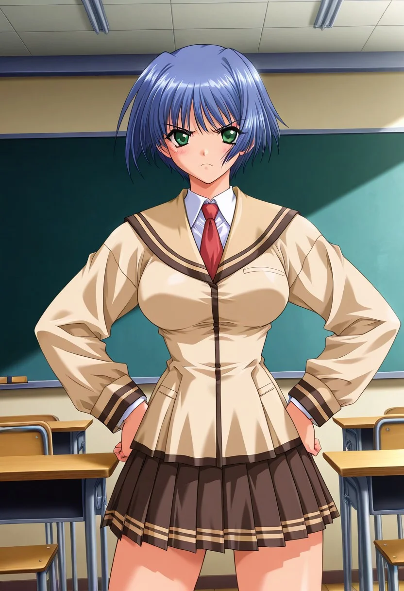 general, highres, ultra-detailed, very aesthetic, best quality, best hands, uncensored, BREAK official art, 2000s \(style\), 1girl, solo, Kitagawa Aya, Blue Hair, Short Hair, Bangs, Green eyes, breasts, school uniform, bow, red necktie, necktie, beige school uniform jacket, school uniform jacket, closed school uniform jacket, long sleeves, tortilla brown serafuku, serafuku, white shirt, collared shirt, brown plated skirt, plated skirt, standing, hands on own hips, looking at viewer, angry, indoor, classroom, day, cowboy shot, dynamic angle,